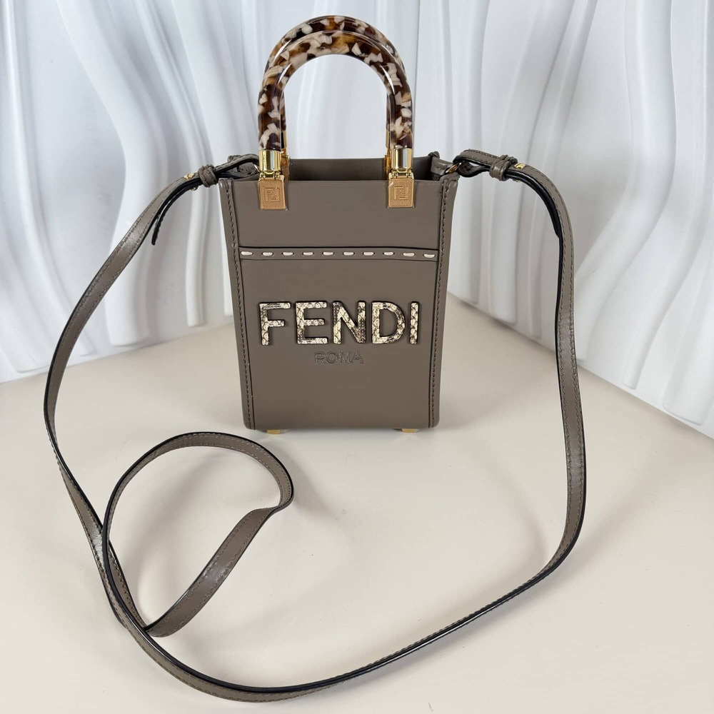 Fendi Mini Sunshine Shopper Tote Bag in Taupe/Grey Leather with Tortoiseshell Ha